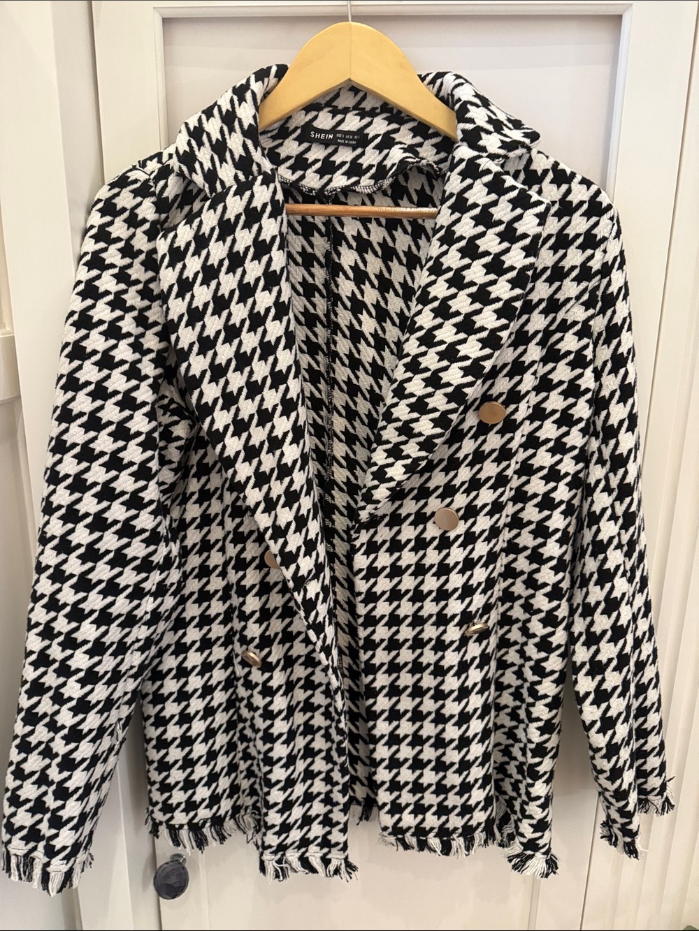 SHEIN Black & White Houndstooth Double-Breasted Blazer
